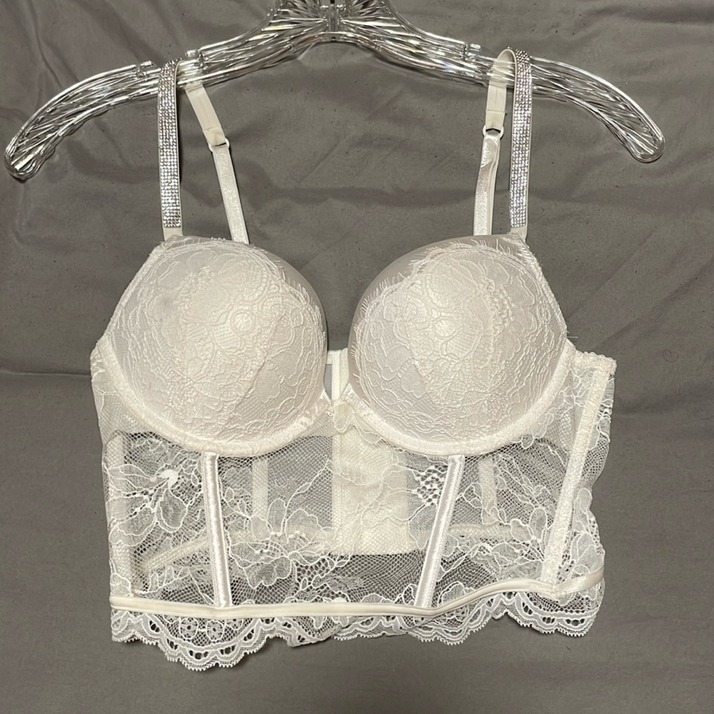 Victoria Secret Corset Bra, White Lace, Rhinestone Straps, Size 34C.